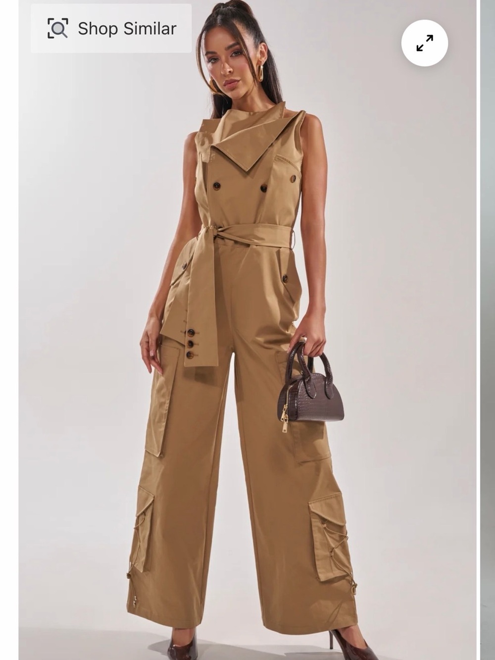 AKIRA Khaki Sleeveless Utility Wide-Leg Jumpsuit